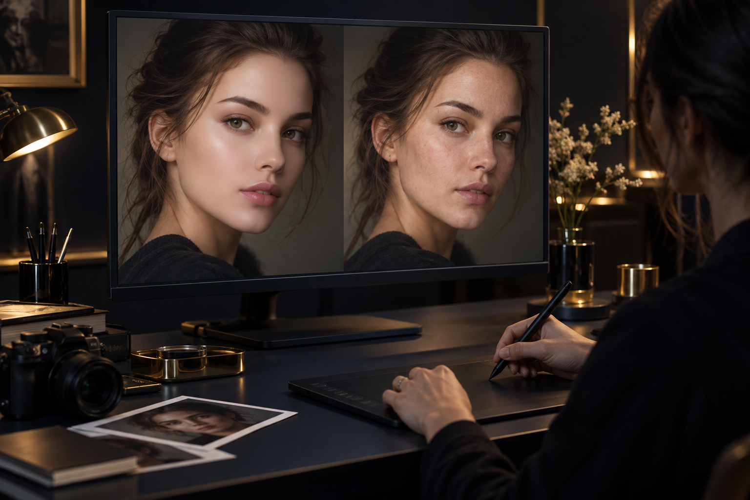 Retoucher profesional memperbaiki hasil foto AI agar terlihat realistis